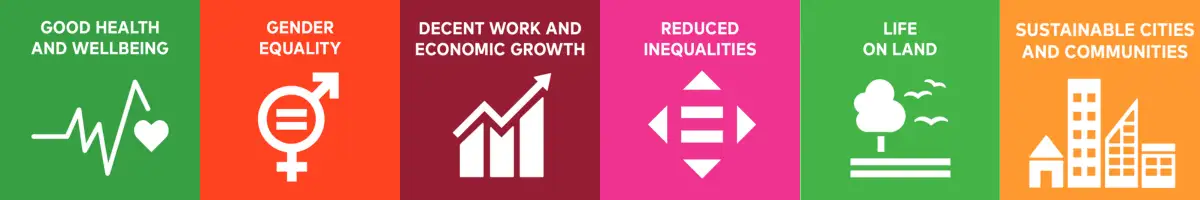 Good health and wellbeing, gender equality, decent work and economic growth, reduced inequalities, life on land, sustainable cities and communities badges.