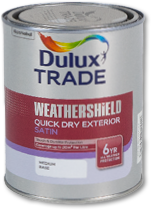 Dulux Trade Weathershield Quick Dry Satin.
