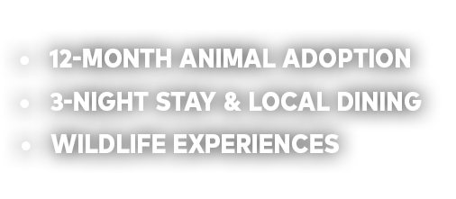 12 Month Animal Adoption. 3-night Stay and Local Dining. Wildlife Experiences