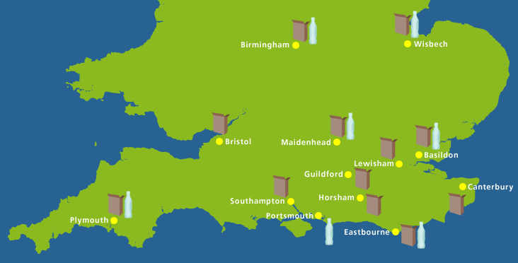 Map showing Brewers plastics and cardboard recycling locations