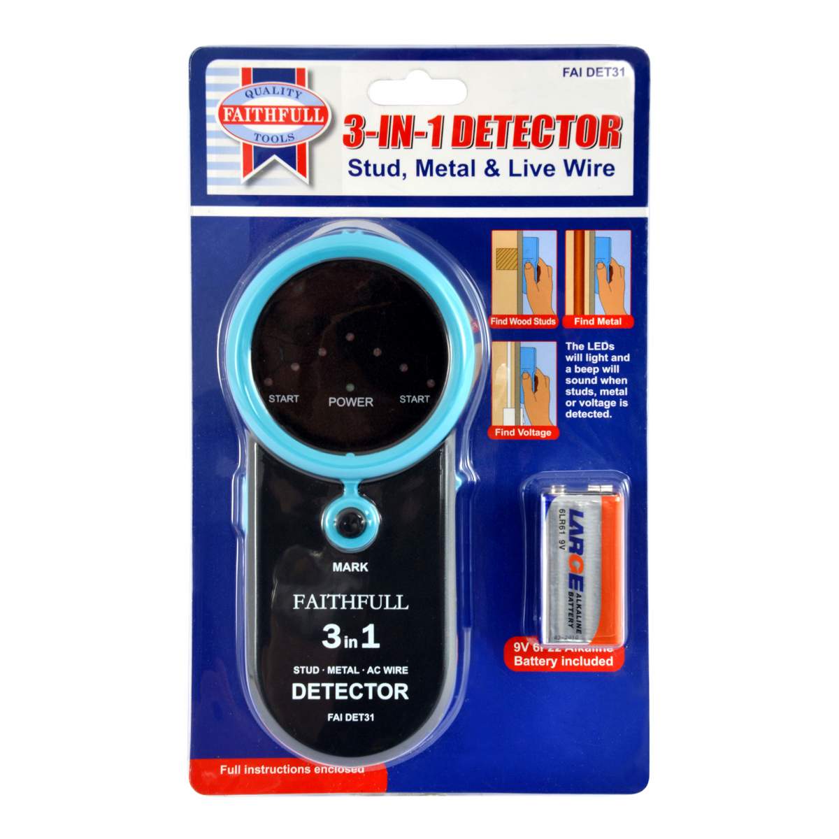 Faithfull 3-In1 Stud , Metal &amp; Live Wire Detector