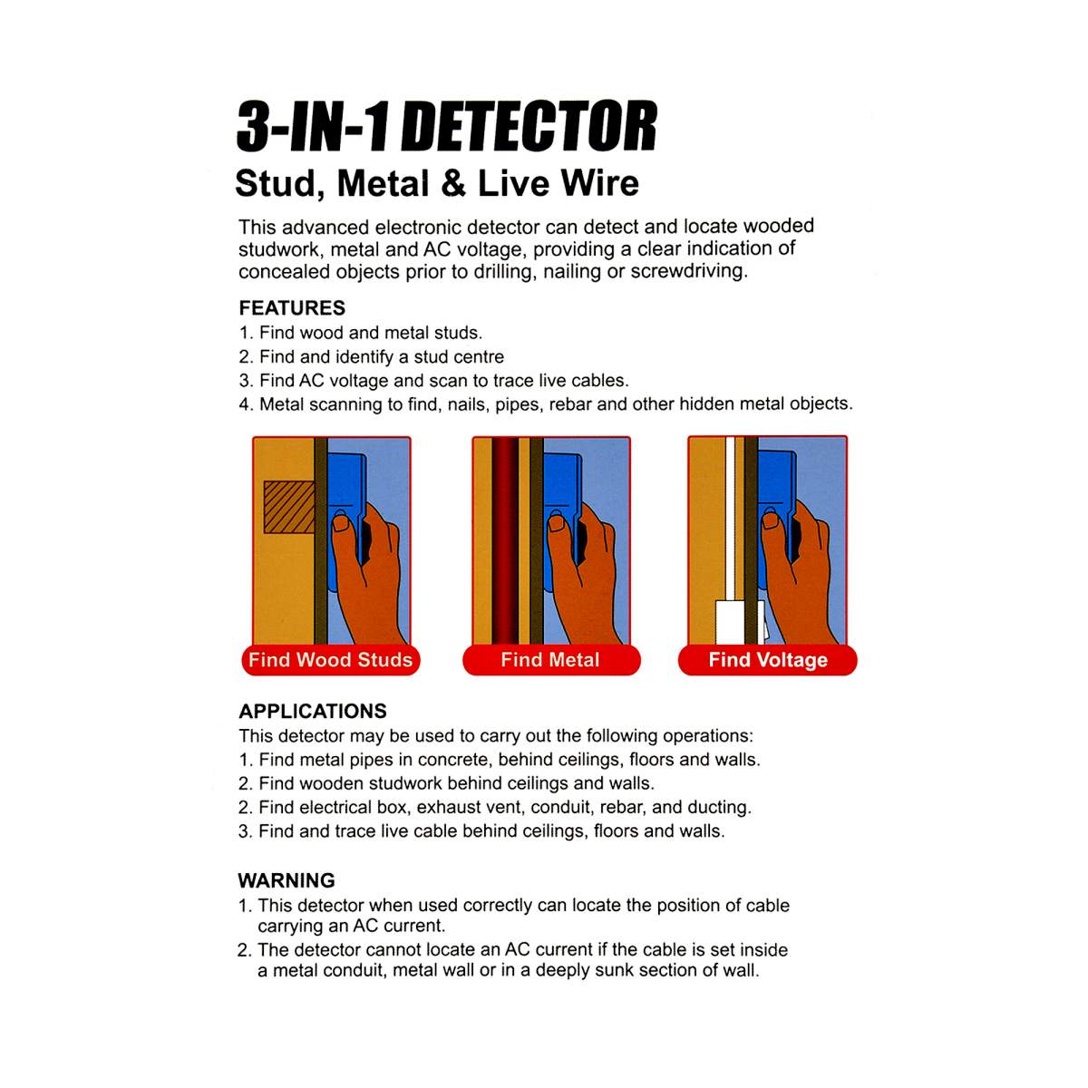 Faithfull 3-In1 Stud , Metal &amp; Live Wire Detector
