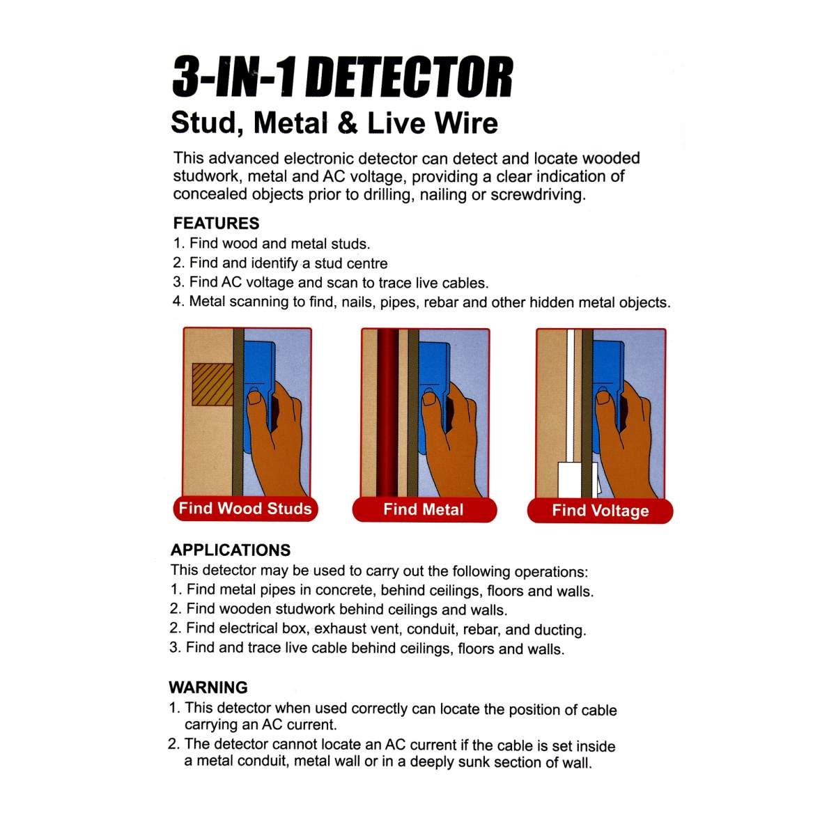 Faithfull 3-In1 Stud , Metal &amp; Live Wire Detector