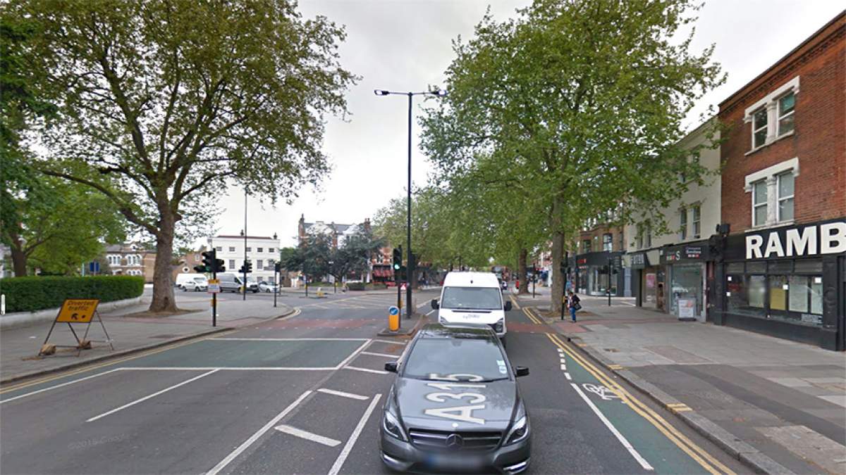 Travelling from King Street on to Chiswick High Road. The store is on the left where the road meets Chiswick Lane.