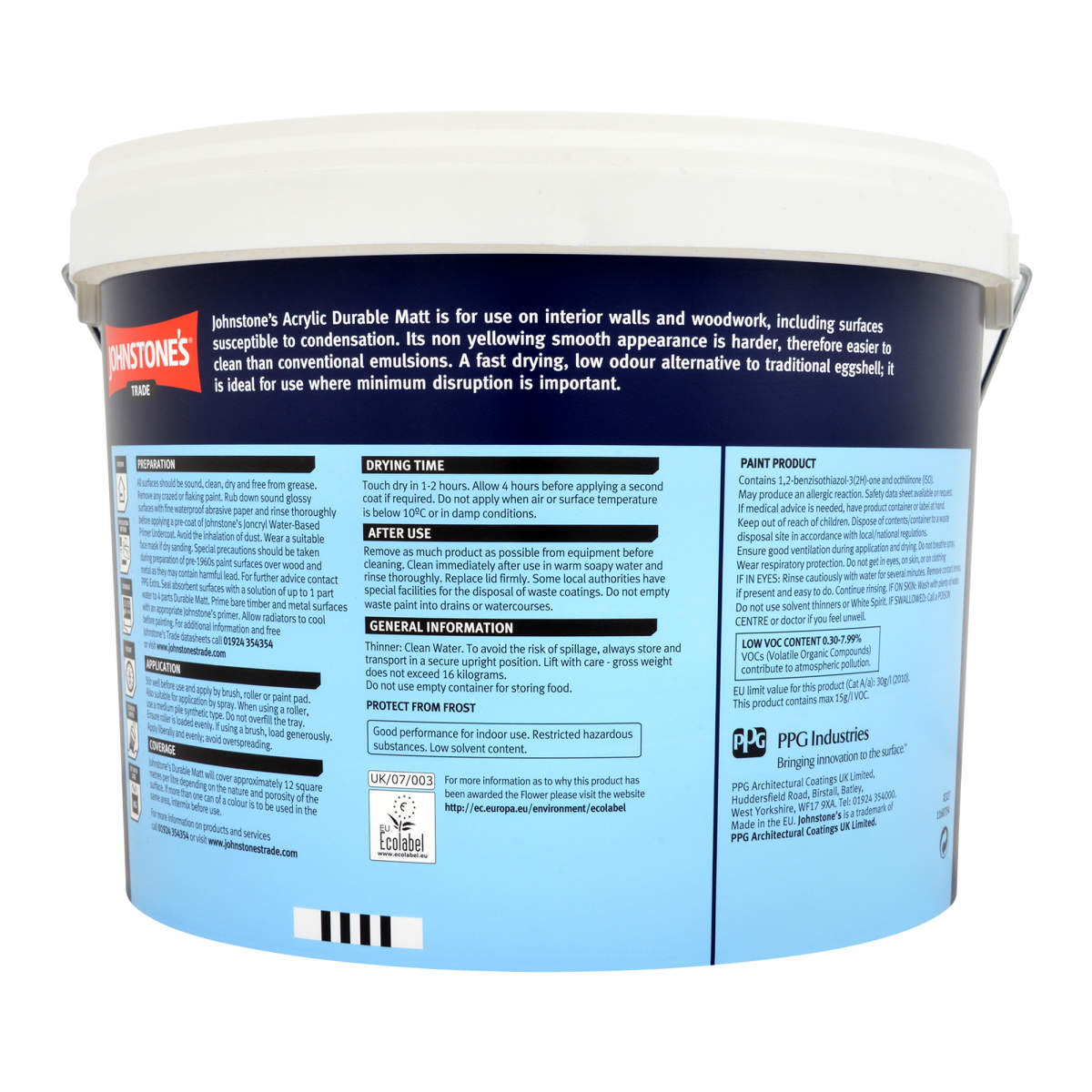 Johnstone's Trade Acrylic Durable Matt B/White 10L