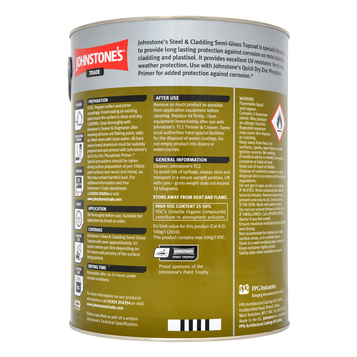 Steel & Cladding Semi Gloss Topcoat back of can 5L