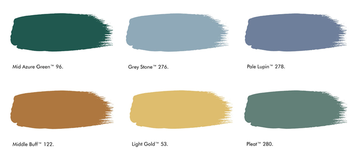 Mid Azure Green, Grey Stone, Pale Lupin, Middle Buff, Light Gold and Pleat