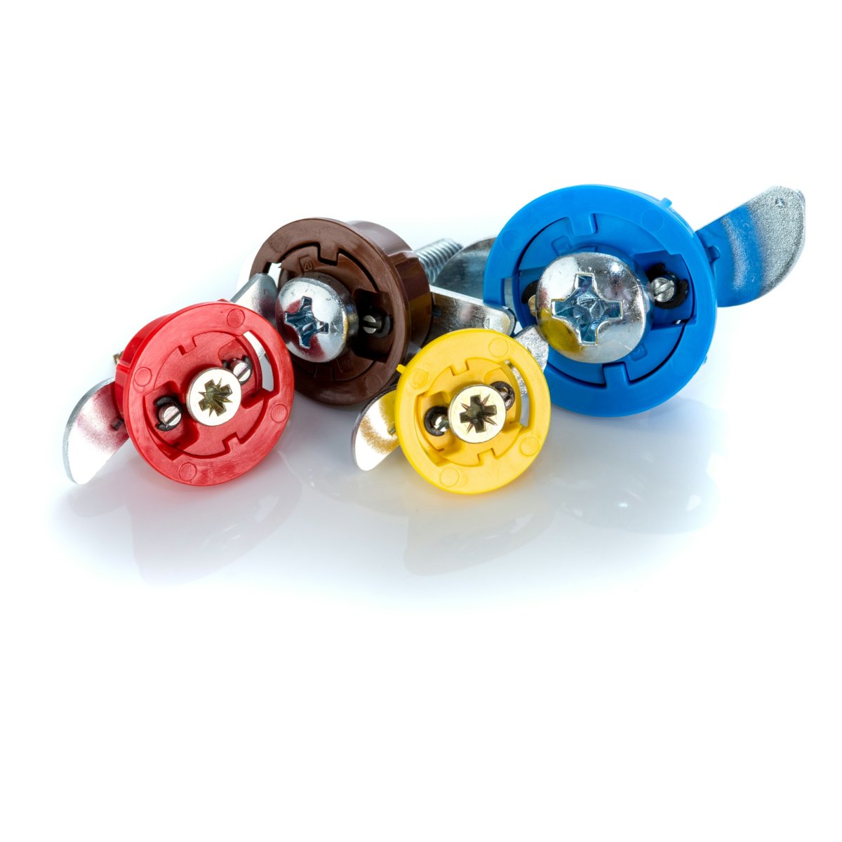 Yellow, Red, Brown and Blue GripIt fixings