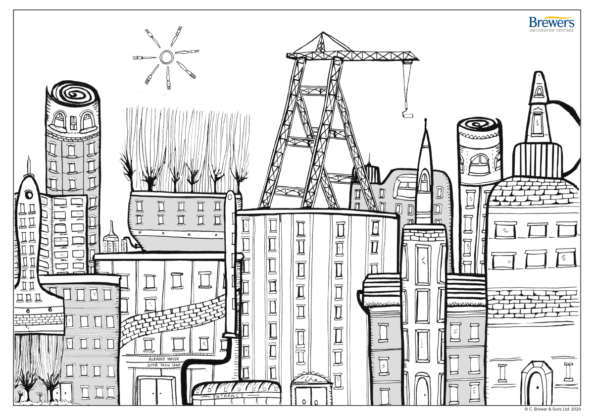 Decorators cityscape colouring-in page