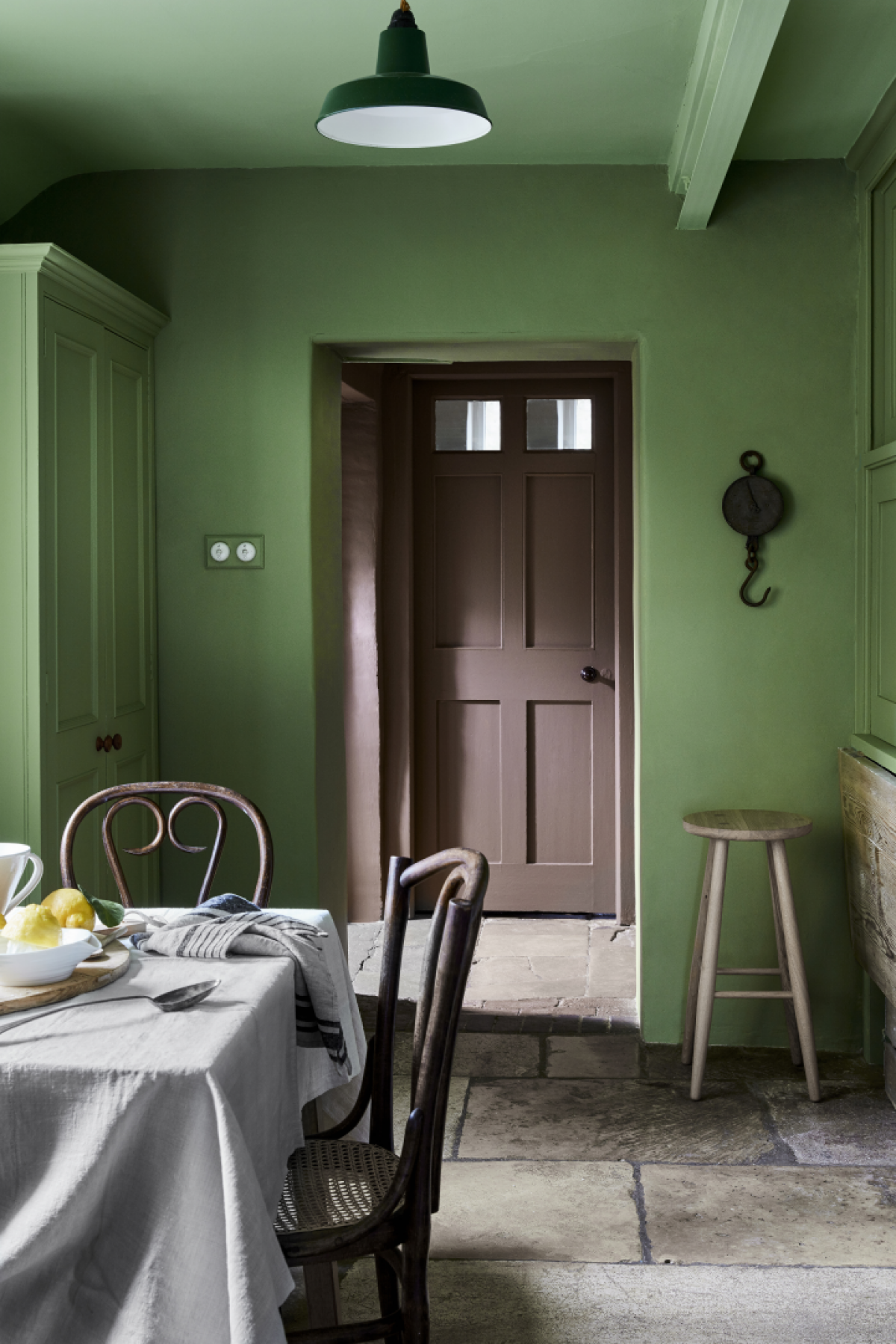 Ceiling: Pea Green 91 in Absolute Matt Emulsion, Walls: Garden 86 in Intelligent Matt Emulsion, Larder Cupboards: Garden 86 in Intelligent Satinwood, Inside Cupboard: Dock Blue 252 in Intelligent Eggshell, Far Walls: Scullery 318 in Intelligent Matt Emulsion, Door: Scullery 318 in Intelligent Satinwood