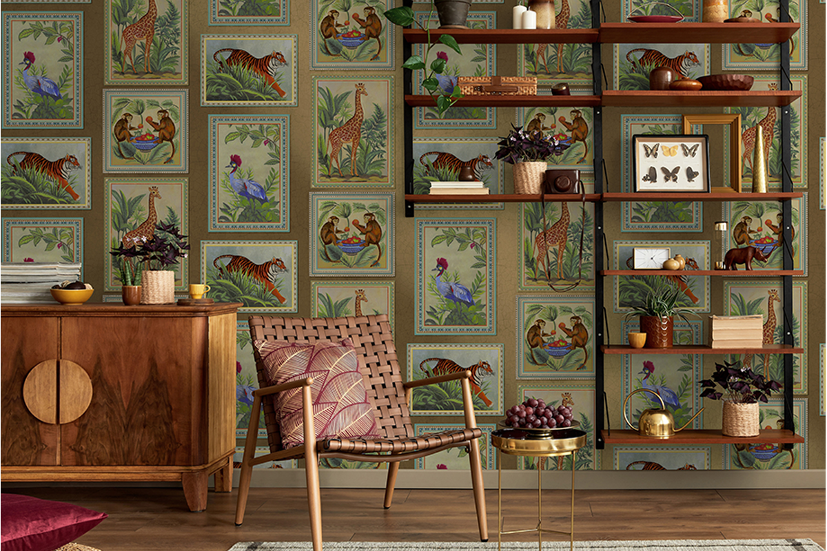Jungle animals in frames on a gold wallpaper background