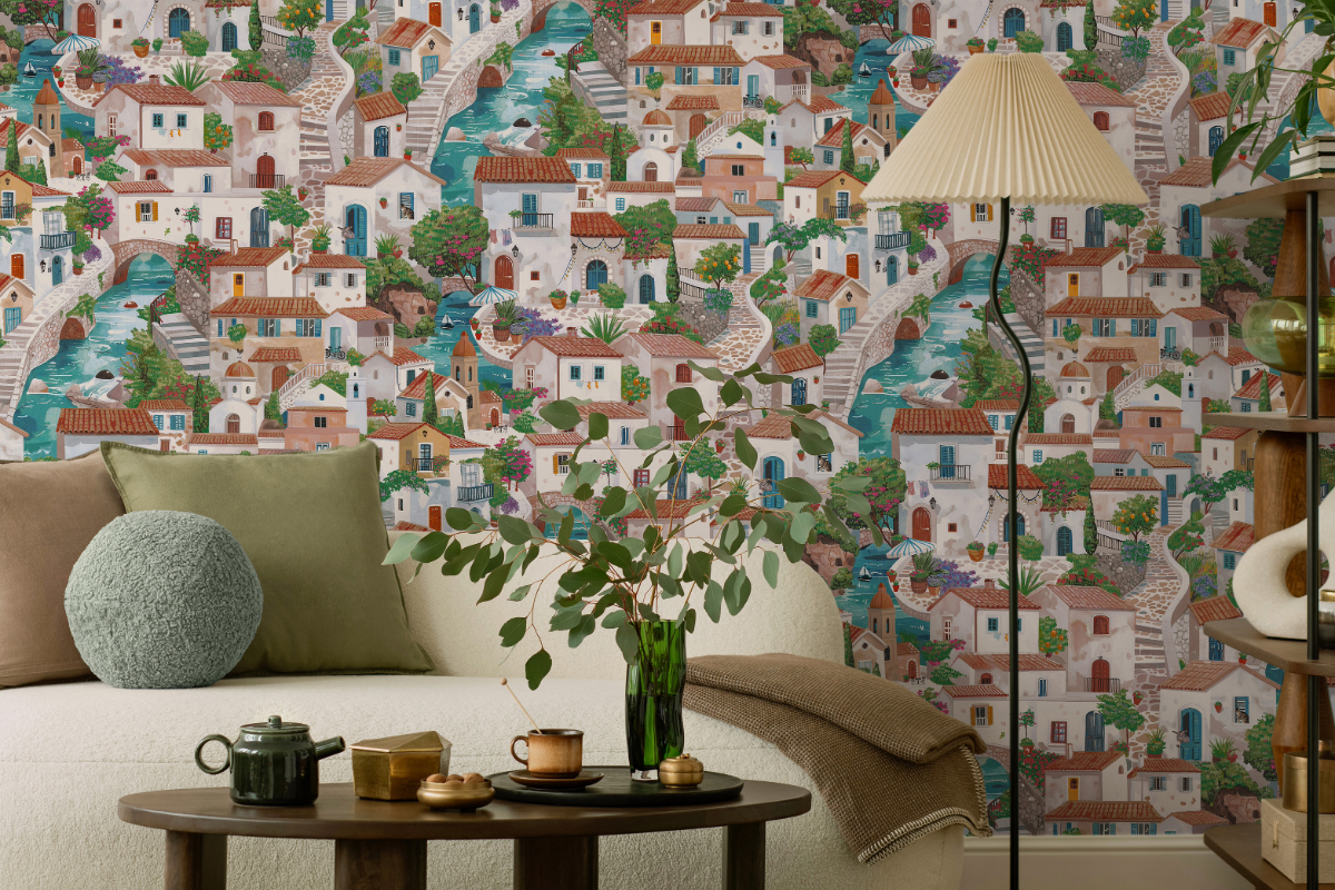 Italian houses and waterways wallpaper with cream sofa and lamp