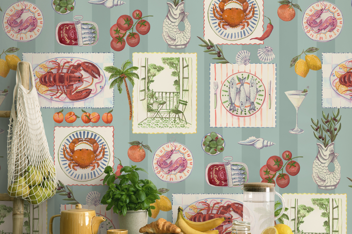 Seafood on blue striped wallpaper