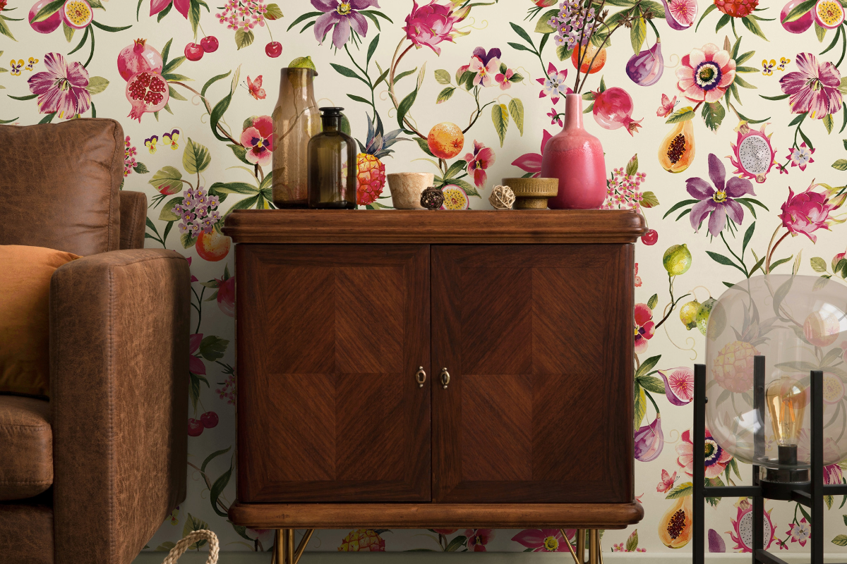 Tropical fruits and flowers wallpaper with cupboard