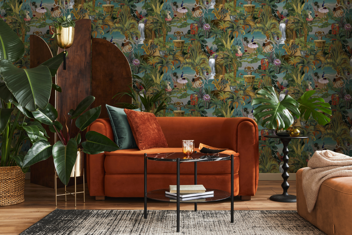 Jungle animals playing instruments wallpaper, sofa and plant in foreground