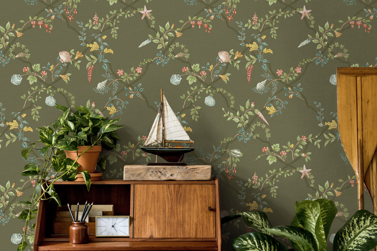 Shells and vines on a dark green wallpaper