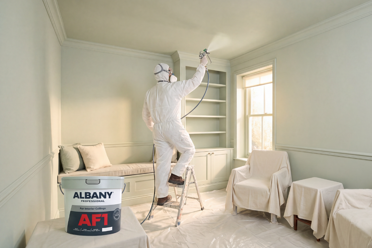 Decorator spraying Albany AF1 on living room ceiling