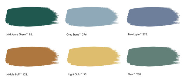 Mid Azure Green, Grey Stone, Pale Lupin, Middle Buff, Light Gold and Pleat