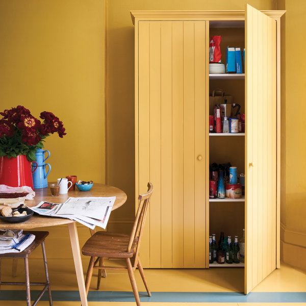 Walls and cupboard in India Yellow No.66 and floor strip in Green Smoke No.47 | Modern Emulsion & Modern Eggshell