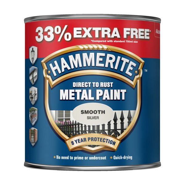 Hammerite Direct to Rust Metal Paint Smooth Silver 750ml + 33%